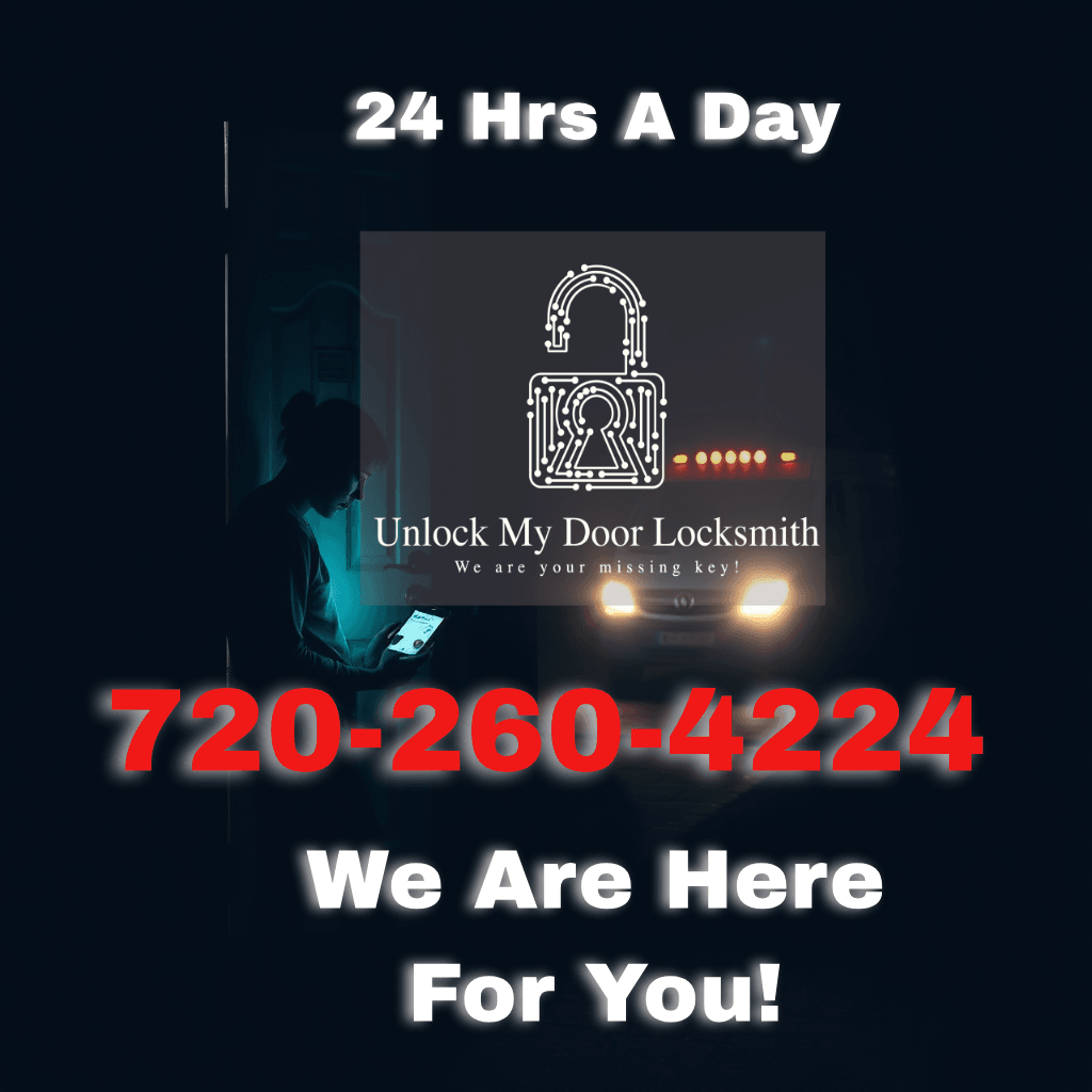 Visualize a worried person standing outside a closed door in the dark of night, illuminated by the faint glow of their phone screen. In the background, the silhouette of a locksmith van approaches with its headlights on. The overall tone is reassuring and hopeful. The image should be photorealistic and slightly desaturated, except for the warm glow of the approaching van.