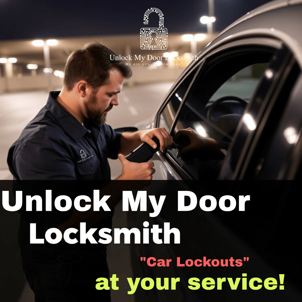Depict a locksmith using specialized tools to unlock a car door quickly and efficiently. The setting is a safe and well-lit parking lot. The locksmith appears professional and competent. The image conveys speed and reliability.