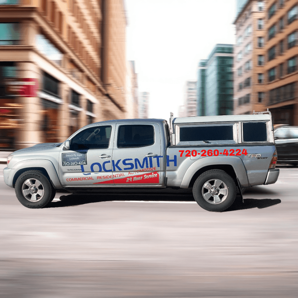 Visualize a locksmith van speeding down a city street, with a blurred background to emphasize speed. The van should be clearly marked with the company logo and contact information. The image conveys a sense of urgency and promptness.
