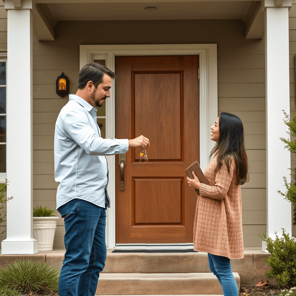 Visualize a family standing in front of their newly secured home, with a locksmith handing them a set of keys. The home should have a modern, secure-looking front door with a high-tech lock. The overall tone is safe, warm, and inviting. The image should be photorealistic.
