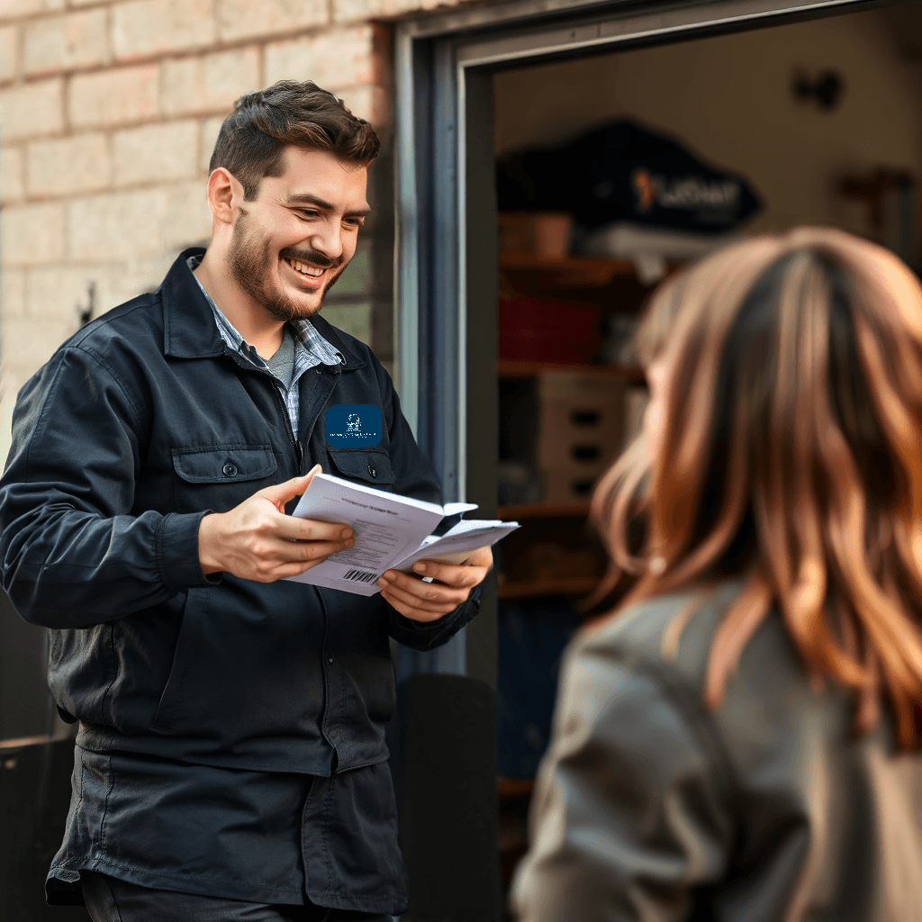 Show a friendly locksmith providing a clear and easy-to-understand quote to a customer. The scene should be honest and transparent, with no hidden elements or deceptive practices. The image conveys trust and integrity.