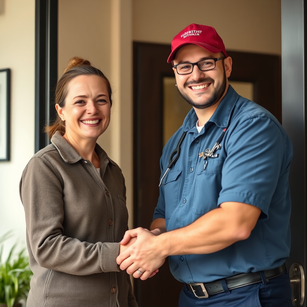 Depict a smiling customer shaking hands with a locksmith after a successful service call. The background should be a positive and welcoming environment. The image conveys satisfaction and trust.